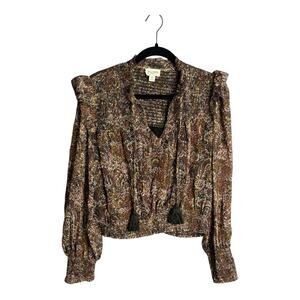 Allison Black Brown Print Gold Metallic Stripe Tassel Boho Blouse Medium